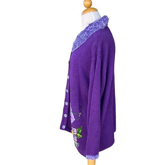 VTG Storybook Knits Purple Passion Embellished Cardigan Colorful Floral Large - Picture 2 of 16